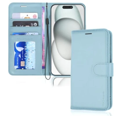Image de TECHGEAR iPhone 15 Leather Wallet Case, Flip Protective Case Cover with Card Holder, Stand and Wrist Strap Light Blue PU Magnetic Closure for 6.1&quot;