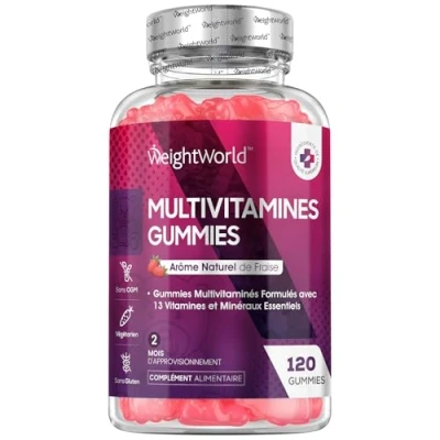 Image de Gummies Multivitamines et Minéraux 120 Au Goût Naturel Fraise Avec 13 Vitamines Essentiels : Vitamine A, B, C D, Biotine Zinc, Pour Adultes