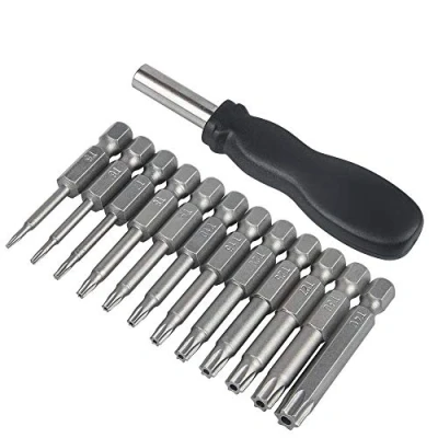Image de YuCool Lot de 12 embouts tournevis à tête Torx 6,35 mm avec tige hexagonale T5 T40 S2 en acier sécurité inviolable 6 points 1 poignée