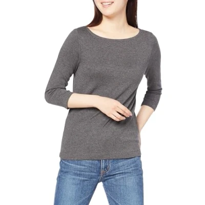 Image de Amazon Essentials T Shirt Col Bateau Uni Coupe Ajustée à Manches 3/4 Femme, Charbon Chiné, L