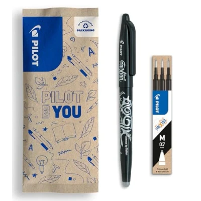 Image de PILOT Lot de 1 Frixion Ball + set 3 recharges Stylo effaçable à encre thermosensible roller rechargeable fabriqué partir plastique recyclé Noir Pointe moyenne