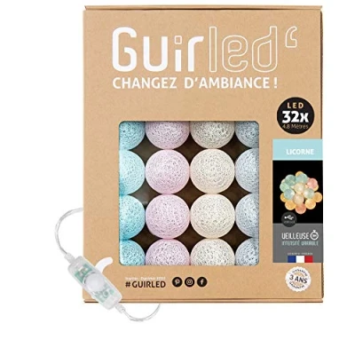 Image de GuirLED Guirlande lumineuse boules coton LED USB Veilleuse bébé 2h Adaptateur secteur double 2A inclus 3 intensités 32 3.2m Licorne