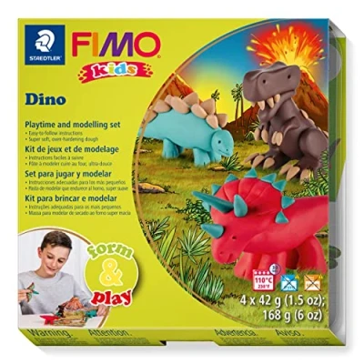 Image de STAEDTLER Fimo Kids Form&amp;Play Set &quot;Les dinosaures&quot; 4 pains pâte à modeler 42 g assortis + 1 outil de modelage décor notice d&#039;utilisation détaillée 8034 07 LY