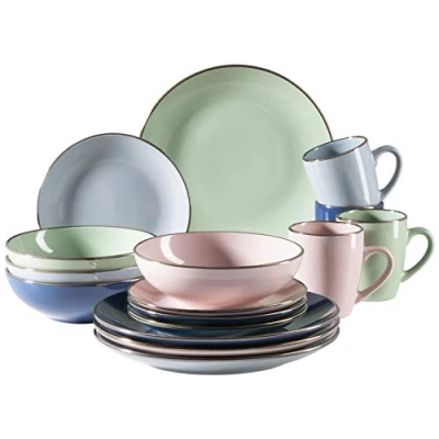 Image de MÄSER 931870 Metallic Rim Service de table moderne pour 4 personnes avec bord couleur laiton, 16 pièces formes coupées sans bordure, multicolore, grès, bleu pastel