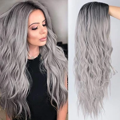 Image de Colorfulpanda Longue Perruque Grise Ondulée pour Femme Dark Roots Ombre Sans Frange Aspect Naturel Partie Moyenne Synthétique Pleine Bouclée Fête Quotidienne
