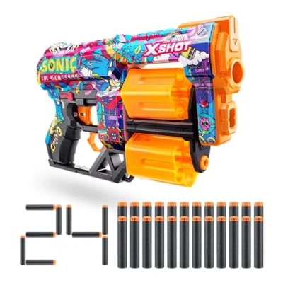 Image de Pistolet Dread XSHOT Skins Robotnik Sonic Le Hérisson avec 24 fléchettes, Deux barils rotatifs, Technologie de fléchettes à Poche d&#039;air, Mousse pour Enfants