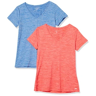 Image de Amazon Essentials T shirt Tech à manches courtes et col en V, extensible (disponible grande taille) Femme, Lot de 2, Bleu Clair Teinture Spatiale/Orange Corail Spatiale, XL
