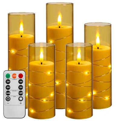 Image de Da by bougie LED avec guirlande lumineuse, à piles télécommande et minuterie de 24 heures, sans flamme pour la décoration intérieure (Doré, lot 5) [Classe énergétique A]