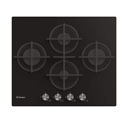 Image de Candy CVG6DPB Plaque de cuisson à gaz en verre trempé, 4 feux, encastrer, grilles fonte, soupape sécurité, GPL et méthane, 60 x 51 95 cm, noir