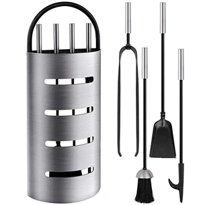 Image de Amagabeli 4 Pièces Outils De Cheminée Set Argent Fer Forgé Porte Bûches Stand Pinces À Feu Pelle Pinceau Antique Poker Poêle Bois Décor Ensemble d&#039;outils
