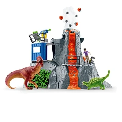 Image de schleich DINOSAURS 42564 Expédition au grand Volcan, set de figurines dinosaures avec un volcan en éruption LED, une figurine chercheuse et 2 jouets pour enfants âgés 5 ans plus