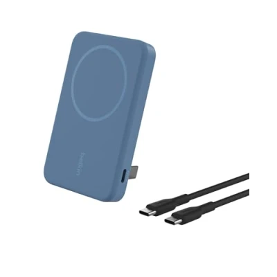 Image de Belkin BoostCharge Pro Batterie Externe Magnétique sans Fil 5000mAh avec Qi2, Chargeur Portable Compatible MagSafe, Support intégré, pour iPhone 16, 15, 14, 13, etc., Rose