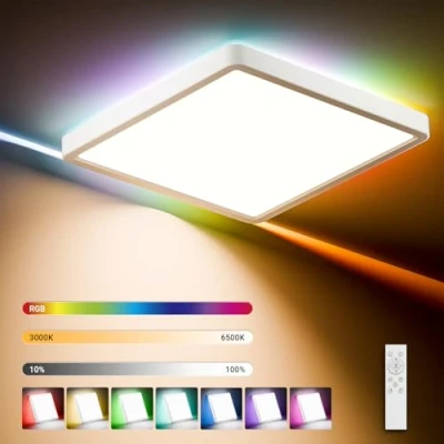 Image de LQWELL® Plafonnier LED à Intensité Variable avec Télécommande, 40W, 4300LM, 3000 6500K, RGB, éclairage de Plafond Plat Carré IP44 pour Salon, Chambre, Salle Manger, Balcon, Couloir, 500x40mm