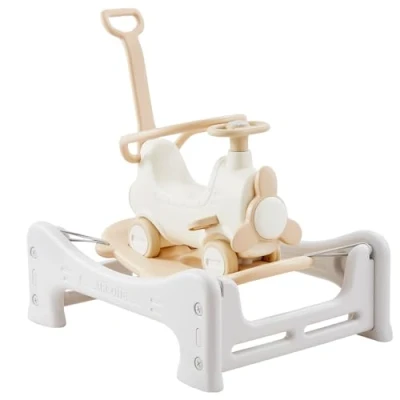 Image de VEVOR Cheval à Bascule 5 en 1 pour Les Enfants de 3 Ans, Jouet avec Trampoline, Planche d&#039;équilibre détachable, poignée poussée et 4 Roues Lisses, capacité 36 kg, bébé, Blanc