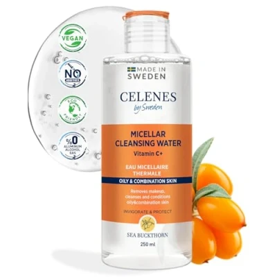 Image de Celenes by Sweden Eau Micellaire Nettoyant Visage à l&#039;Argousier, 250ml Avec Vitamine C, Sans Alcool/Parabèn Demaquillage Idéale Pour Peaux Grasses&amp;Mixtes, Soins Le Profond