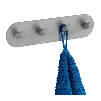 Image de WENKO Réglette de 4 crochets Quadro Gris mat Acier inox Patère, crochets, autoadhésive, inoxydable, 19.8 x 5 2 cm,