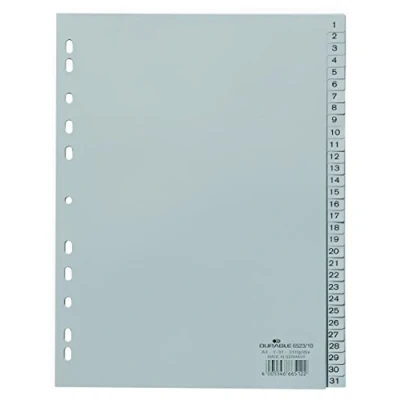 Image de Durable 652310 Intercalaires Format A4 31 Touches Numériques 1 Perforations Universelles Polypro 120 Microns Coloris Gris Lot de 10