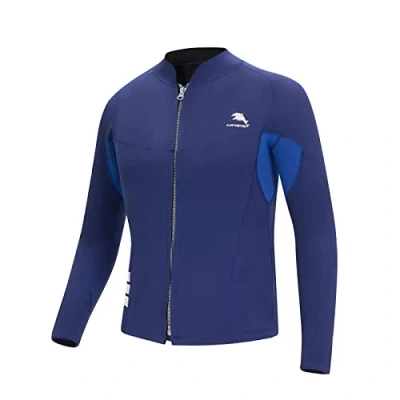Image de combinaison de plongée pour homme, 2 mm, en néoprène avec fermeture éclair sur le devant, manches longues, surf, la natation, plongée, haut (4XL, bleu)