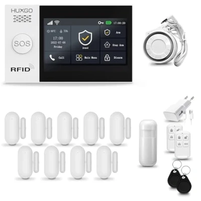 Image de Systeme d&#039;alarme Maison WiFi + GSM, HUXGO HXA007 avec Sirène, 1X détecteur de Mouvement, 9X capteur Porte/fenêtre, TUYA
