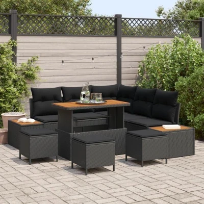 Image de Ensemble de canapé jardin 9 pièces avec coussins en rotin poly noir Acacia 3362919