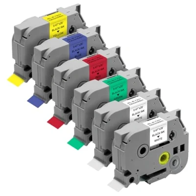 Image de Lot de 6 Rubans Blanc/Bleu/Jaune/Rouge/Vert pour étiqueteuse compatible Brother P touch PT H110 / H107 E100 D210 Étiquette recharge TZe 231/TZ231/431/531/631/731 12mm x 8m Phonillico®