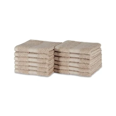 Image de Amazon Basics Lot de 12 Gant Toilette en Coton Bio résistant à la décoloration, 30 x cm, Taupe