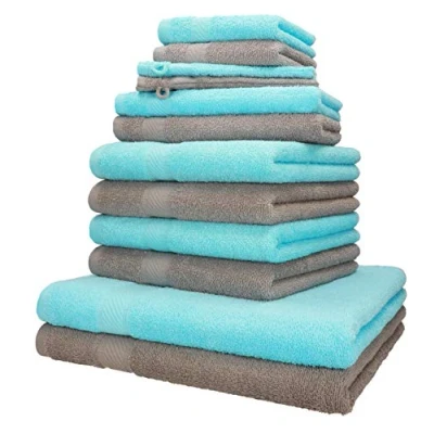 Image de Betz Lot de 12 Serviettes Palermo Set 2 draps Bain 4 Toilette d&#039;invité lavettes Gants 100% Coton Couleur Gris Pierre et Turquoise