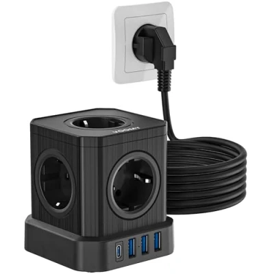 Image de VOOMY Multiprise PowerCube 9 en 1, 5 Prises, 4 USB Ports (3 A, 1 C 20W Charge Rapide), Prise Multiple avec Interrupteur 4000W, Design Cube Compact, 5M Câble Idéal pour Bureau &amp; Maison, Noir