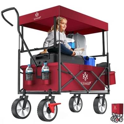 Image de KESSER® Chariot de Transport Pliable avec Toit Charrette à Bras roulettes Remorque 2 Poches en Mesh et Une Poche extérieure fournies (Bordeaux)