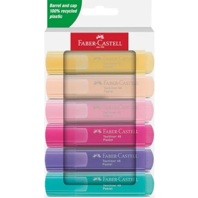 Image de Faber Castell 251656 Surligneur Set 46, 6 surligneurs pastels à pointe biseautée longue durée, largeur de trait 1 5 mm, rechargeable