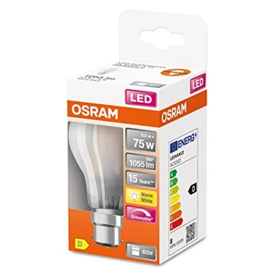 Image de OSRAM ampoule LED à filament avec culot B22d, blanc chaud (2700K), forme d&#039;ampoule classique, 8W, verre dépoli, en remplacement d&#039;une classique de 75W, pack 6