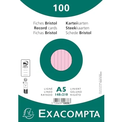 Image de Exacompta Réf. 10838SE Carton de 10 paquets 100 fiches bristol lignées non perforées sous film format 148 x 210 mm couleur rose