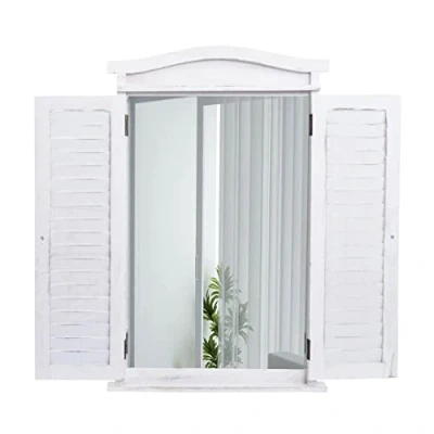 Image de Décoshop26 Miroir Mural Salle de Bain Design fenêtre avec Volets 71x46x5cm Blanc Vieilli 04_0003703