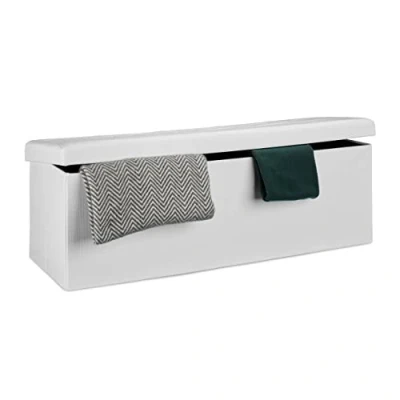 Image de Relaxdays Pouf Pliant Coffre Repose Pieds Banquette Rectangle 38 x 114 cm boîte de Rangement Pliable Tabouret en Lin avec Couvercle Amovible Salon siège appoint, Blanc, Weiß