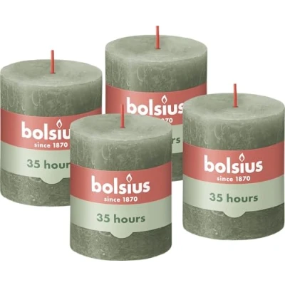 Image de Bolsius Lot de 4 bougies pilier rustiques Vert foncé Longue durée combustion 35 heures Bougie d&#039;intérieur Non parfumée Cire végétalienne naturelle Sans huile palme 8 x 7 cm