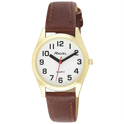 Image de Ravel Montre Femme à Bracelet d&#039;aide la Vue avec de Gros Chiffres Cadran Blanc/Ton Or/Marron