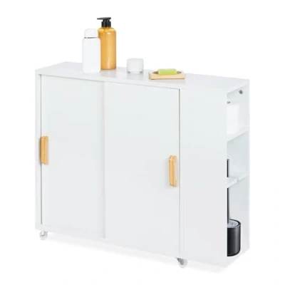 Image de Relaxdays Armoire étroite Salle de Bain, 4 Compartiments, Porte Brosse WC, HxLxP : 62 x 19,5 64 cm, MDF, Bambou, Blanc