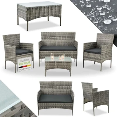 Image de Juskys Ensemble de Meubles en polyrotin Fort Myers 4 Personnes avec canapé 2 Places, chaises, Coussins Table et siège, Couvertures Gris chiné foncé, Milieu