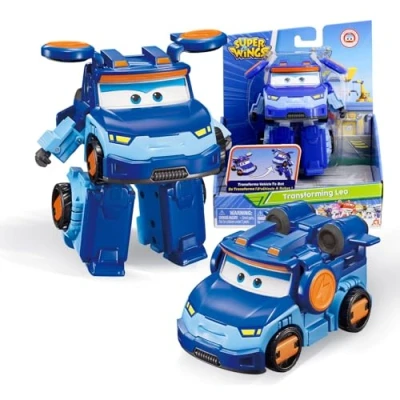 Image de Super Wings Transforming Aeroplane Supercharged Leo, Hauteur env. 12,7 cm, poupée pour Enfants, 3 en 1 Avion Jouet et Figurine de Robot garçons Filles à partir Ans, Bleu