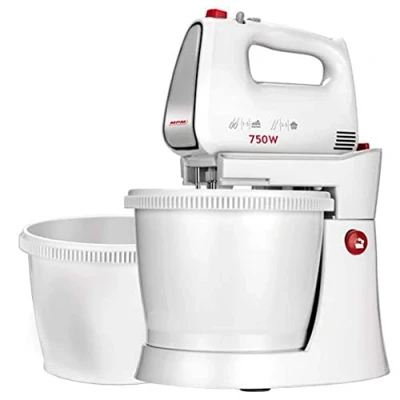 Image de MPM MMR 22Z Mélangeur à Pâtisserie avec 2 Bols Rotatives 3L, sans BPA, Robot Pâtissier Boulangerie Cuisine, 5 Vitesses + Turbo, Tiges et Crochet Pétrisseur en Acier Inoxydable, Blanc, 750W