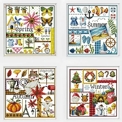 Image de Awesocrafts Lot de 4 kits broderie au point croix, motifs faciles pour les quatre saisons, estampillé ou compté (quatre compté)