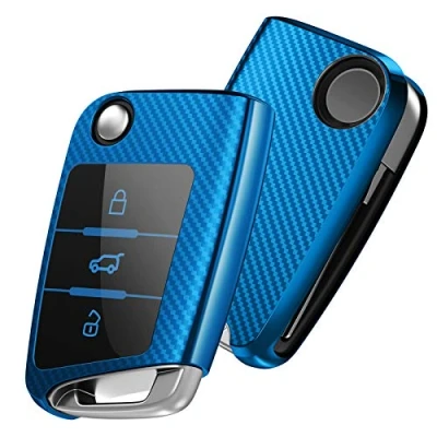 Image de OATSBASF Coque Clé Compatible for VW Golf 7 Skoda TPU Silicone 3 Boutons (Bleu Bande)