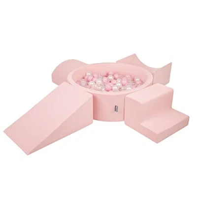 Image de KiddyMoon Aire De Jeux en Mousse avec Rond Piscine À Balles (200 Balles) pour Enfants, Rose:Rose Poudre/Perle/Transparent