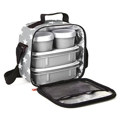 Image de Tatay Sac Isotherme Repas, Capacité 3 L, Avec 4 Boîtes Hermetiques en Plastique (2 x 0,5 2 0,2 L) Sans BPA, Gris Des Étoiles. Mesure 22,5 10 22 cm