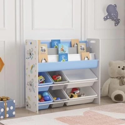 Image de [en.casa] Étagère Enfant avec 3 Compartiments Ouverts et 6 Bacs de Rangement Bibliothèque à Motif Koala Panneau Particules Polyester PP Métal 78 x 86 27 cm Blanc Gris Bleu