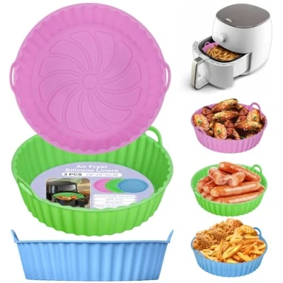 Image de Alyvisun Moule Silicone Air Fryer, 3 Pièces Panier pour Airfryer Réutilisable Friteuse à Chaud Plat Pot Ronde Doublure Liner Air, Micro ondes, Four (Rose+Vert+Bleu Ciel)