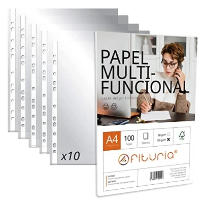 Image de Pochettes Plastiques A4 Transparentes, Pack de Multi trous pour Feuilles + avec 100 90gr Polyvalent Ofituria (10 100gr)