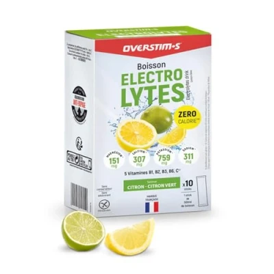 Image de Overstim.s Boisson Electrolytes (10 Sachets) Zéro Calorie 4 électrolytes (Sodium, Calcium, Magnésium, Potassium) 5 Vitamines (B1, B2, B3, B6, C) Citron vert