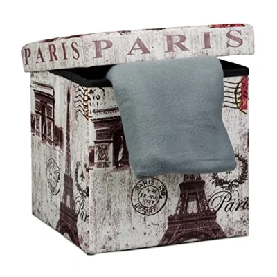 Image de Relaxdays 10019050 Tabouret pliant coffre de rangement pliable banc stockage avec couvercle amovible 38 x cm pouf en similicuir repose pieds table appoint motifs tendances Paris,Multicolore