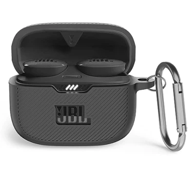 Image de MOWYEOK coque en silicone compatible avec JBL Tune 130NC TWS, portable et résistante aux chocs, avant LED visible, pour accessoires de boîtier TWS mousqueton